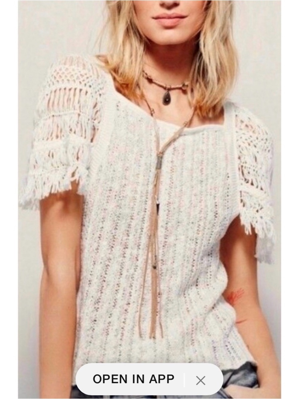 Free People White Crochet Fringe Sleeve Knit Top